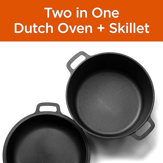 Commercial Chef 2-in-1 5-Qt. Dutch Oven with 10.25-Inch Skillet Lid, Pre-Seasoned Cast Iron, Works on All Cooktops Including Induction, Outdoor Cookware for Campfires or Grills, CHFL508