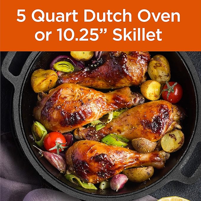 Commercial Chef 2-in-1 5-Qt. Dutch Oven with 10.25-Inch Skillet Lid, Pre-Seasoned Cast Iron, Works on All Cooktops Including Induction, Outdoor Cookware for Campfires or Grills, CHFL508