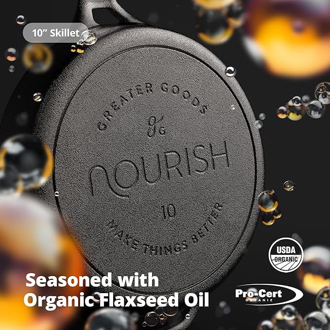 Greater Goods 10-Inch Cast Iron Skillet Frying Pan – Milled Smooth Cast Iron Cooking Surface, Organically Pre-Seasoned with Flaxseed Oil, Long Handle & Dual Pour Spouts for Better Control