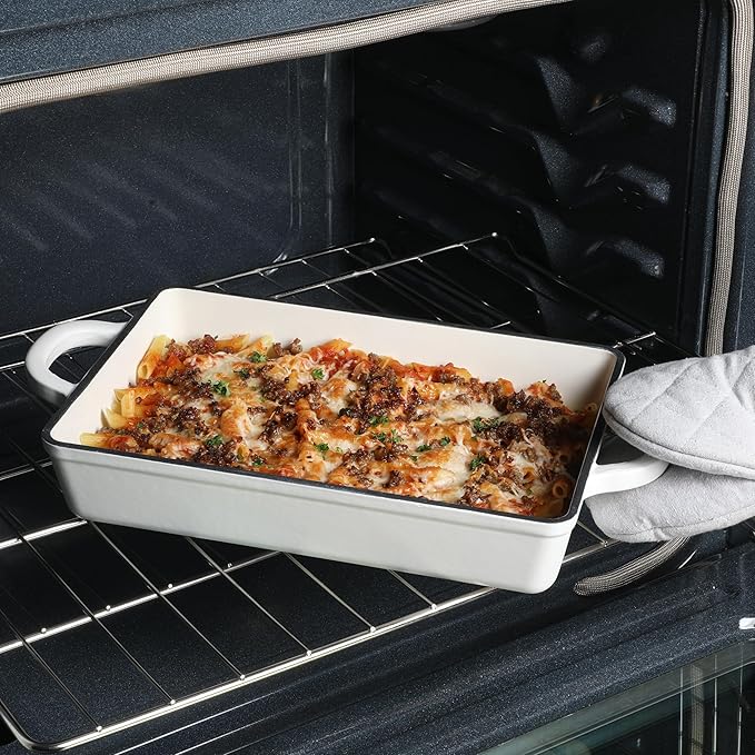 Crock-Pot Artisan 13" Enameled Cast Iron Lasagna Pan – Matte Linen White, Durable Oven Safe Bakeware
