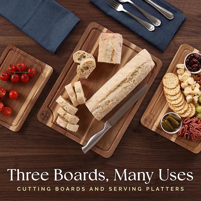 Pre-Oiled, Non Toxic 3-Piece Acacia Cutting Board Set with Stand, FSC Certified Wooden Chopping Boards, Includes 100ml Chopping Board Oil, 3 Size Wood Carving Boards for Home, BBQ Kitchens, Deer & Oak