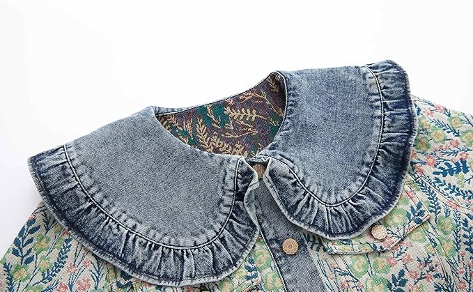 Xaspee Womens Peter Pan Collar Cropped Jean Jacket Embroidered Jacquard Long Sleeve Casual Floral Denim Jackets Coat