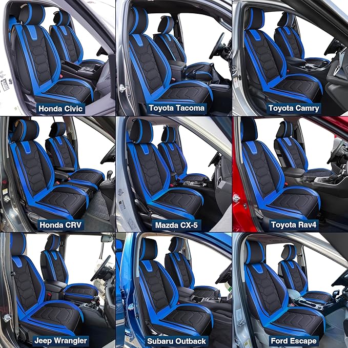 OASIS AUTO Car Seat Covers Full Set, Sporty Faux Leather with Honeycomb Pattern, Waterproof Universal Fit for SUV, Sedan, Pick-up Truck, Automotive Interior Accessories (OS-004 Black&Blue)
