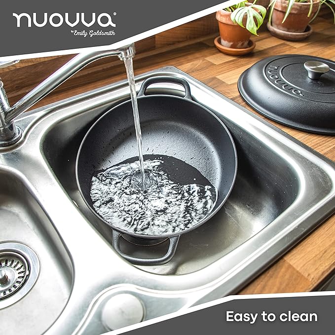 Cast Iron Dutch Oven with Lid – Non Stick Shallow Dutch Oven Pot, Oven Safe up to 500° F – Sturdy Cooking Pot – Enamelled Stockpot Cookware – Black, 3.7-Quart, 30cm – by Nuovva