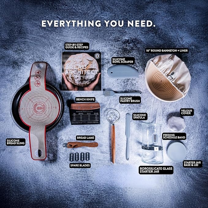Complete Sourdough Starter Kit, Round Banneton Bread Proofing Basket with Glass Sourdough Jar, Danish Whisk, Lame, Bench Knife & Dutch Oven Sling, Sourdough Bread Baking Supplies Tools
