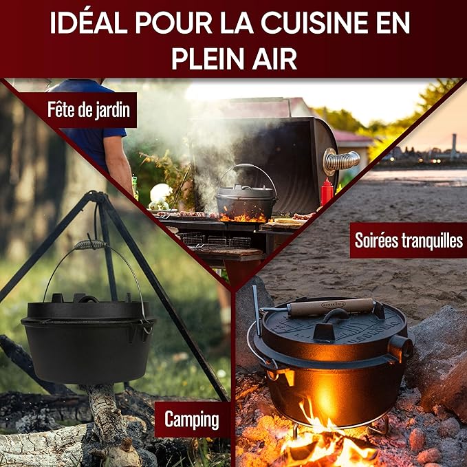 Pre-Seasoned Dutch Oven Set - 7 Quart Cast Iron Dutch Oven Pot with Lid, Fire Pot with Feet for Bread Baking & Cooking - Includes 2-in-1 Lid Lifter, Brush & Recipe Book [for 3-5 People]