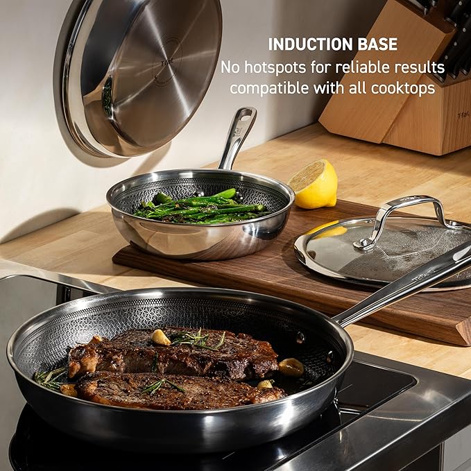 T-fal HybridMesh Tri-Ply Stainless Steel Fry Pan 8 Inch, Induction Oven Safe 500F, Metal Utensil Safe, Ideal For Searing, Cookware, Dishwasher Safe Pots and Pans, Needs Pre-Heating, Silver/Black