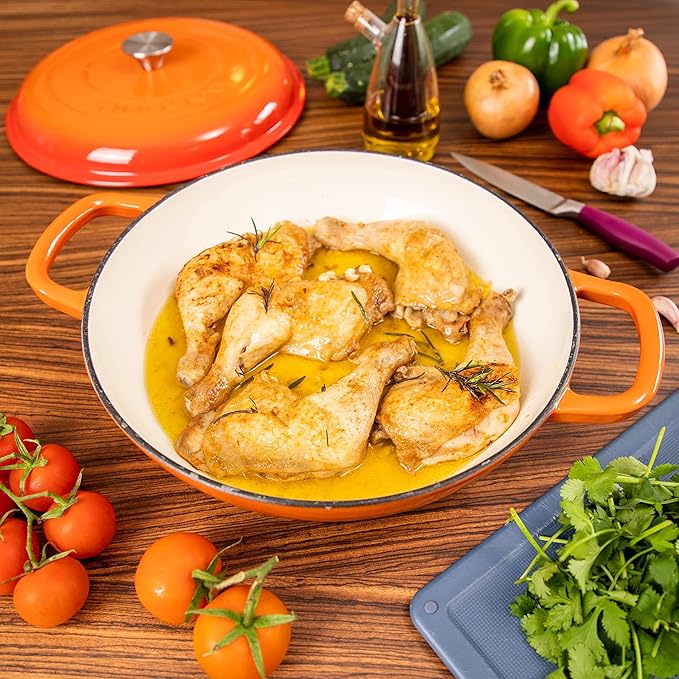 Cast Iron Dutch Oven with Lid – Non Stick Shallow Dutch Oven Pot, Oven Safe up to 500° F – Sturdy Cooking Pot – Enamelled Stockpot Cookware – Orange, 3.7-Quart, 30cm – by Nuovva