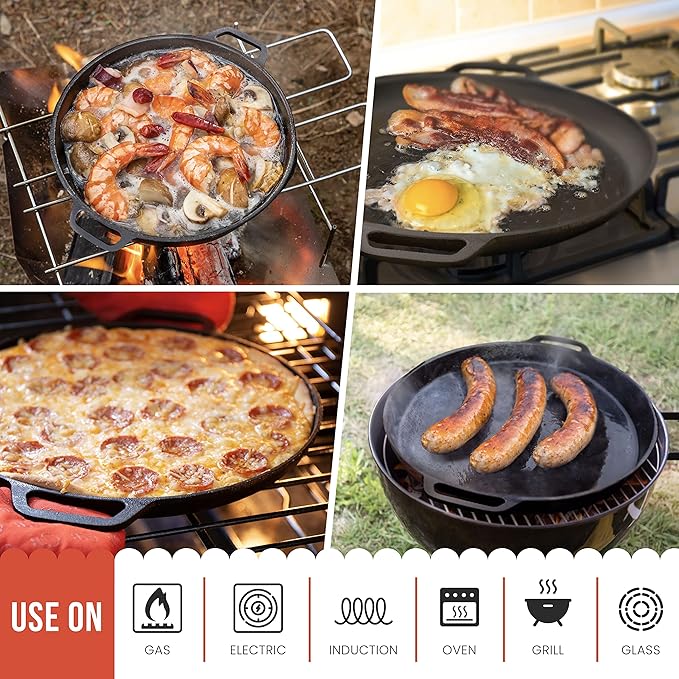 Chef Pomodoro Cast Iron Pizza Pan, Pre-Seasoned 12 inch Cast Iron Skillet with Handles, Dosa Pan for Dosa Tawa Roti, Crepe Pan, Comal for Tortillas, Baking Stove, Oven, Grill BBQ and Campfire