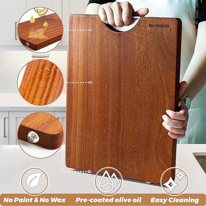 Real Solid Sapele Cutting Board One Piece No Glue Non Toxic All Whole Single Wood Butcher Block Thick Hard Wood Heavy Duty Edge Grain (Medium, 14.96"L*11.02"W*0.98"Th)