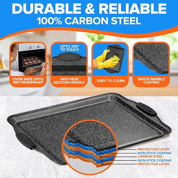 Baking Pan Set - Nonstick Coating, Carbon Steel Bakeware Set with Gray Silicone Handles, PFOA, PFOS, PTFE Free, Recipe Booklet Included, Oven Safe Tray (Up To 450° F), Set of 25 - Gray
