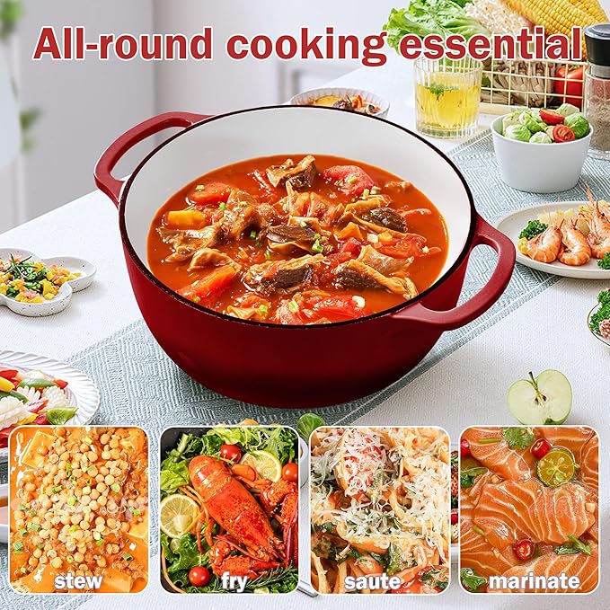 Vivicreate 6 Quart Enamel Cast Iron Dutch Oven Pot with Lid – Enameled Cookware for Baking, Roasting, and Braising – Durable Cast Iron Pot for Stove Top and Oven Use Red color (Red)