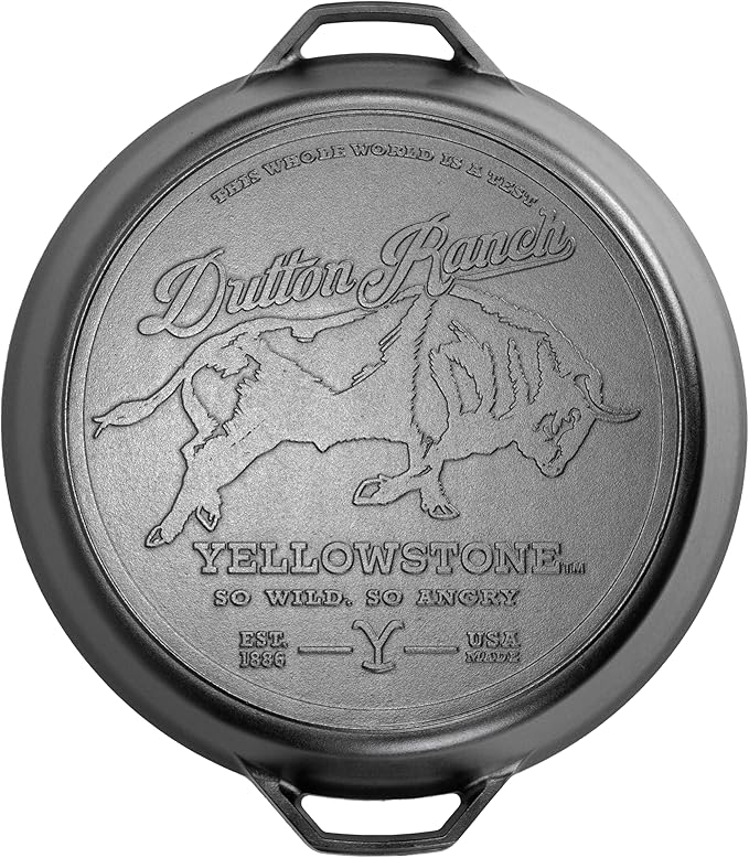 Lodge Pre-Seasoned Yellowstone Stamped Cast Iron Cookware - Signature Teardrop Handle - Use in the Oven, on the Stove, on the Grill, or Over a Campfire - 17 Inch Logo Skillet