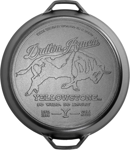 Lodge Pre-Seasoned Yellowstone Stamped Cast Iron Cookware - Signature Teardrop Handle - Use in the Oven, on the Stove, on the Grill, or Over a Campfire - 17 Inch Logo Skillet