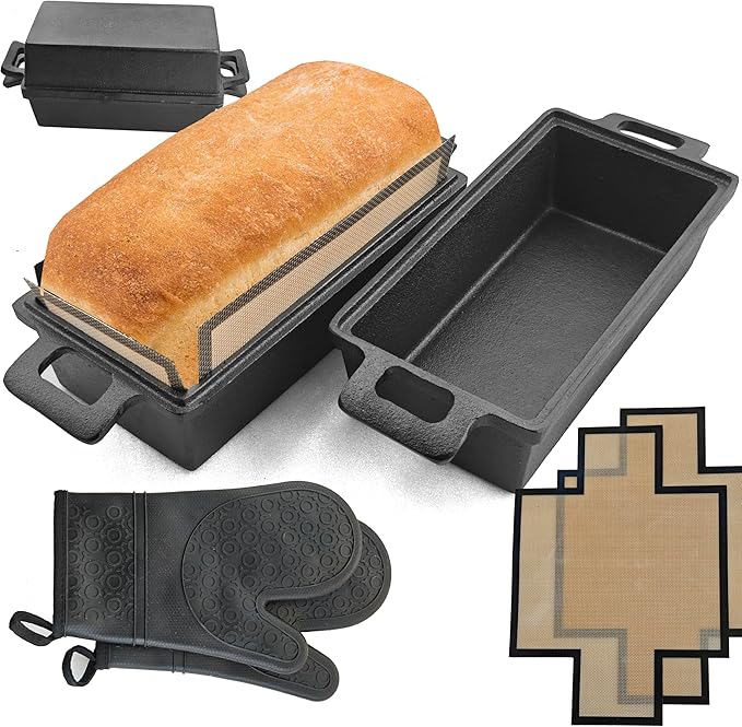 Voulosimi 2-In-1 Cast Iron Oven Pan - 9"x5" Durable Loaf Pans Rectangular Baking Pan set for home baking, 2 Piece Set -1.8 QT×2 Pcs (Silicone mats, Bread Pan 3 Set)