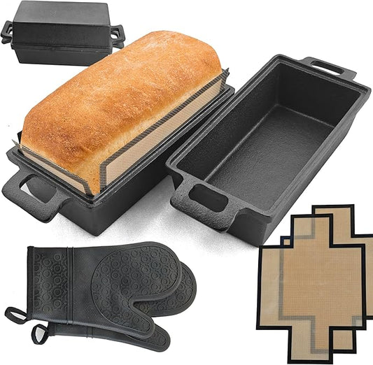 Voulosimi 2-In-1 Cast Iron Oven Pan - 9"x5" Durable Loaf Pans Rectangular Baking Pan set for home baking, 2 Piece Set -1.8 QT×2 Pcs (Silicone mats, Bread Pan 3 Set)