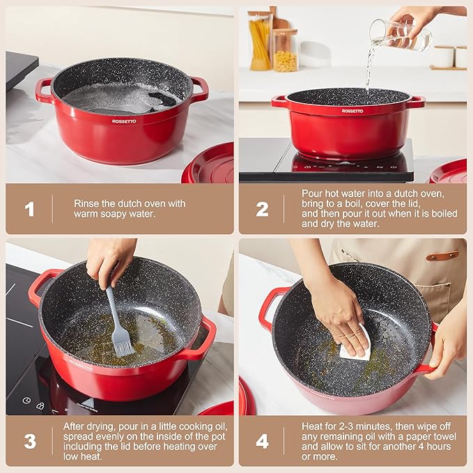 ROSSETTO 5.5QT Oval Dutch Oven Pot with Lid, Ceramic Dutch Oven with Silicone Assist Handle Holder, Dishwasher Safe, Oven Safe up to 450° F, Non-Stick & Non-Toxic Bread Dutch Oven with Lid for Baking,Brasing, Soups, Red
