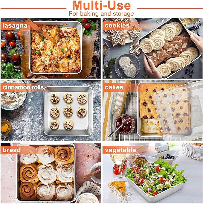 Herogo 8”x 8” Baking Pan, Stainless Steel Square Cakes Brownie Lasagna Bakeware with Lid, 1 Pan + 1 Lid, Healthy & Dishwasher Safe