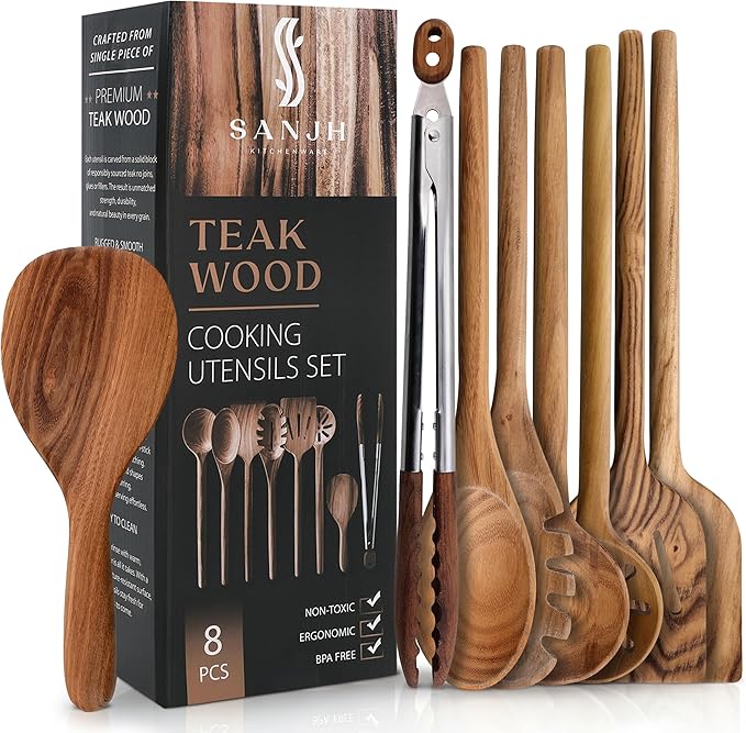 8 Piece Teak Wooden Cooking Spoons Set – Wooden Utensil Set with Spatula Scraper Pasta Spoon Rice Paddle Tongs for Everyday Cooking, Smooth Sanded Finish, Comfortable Grip Handles, Gentle on Cookware