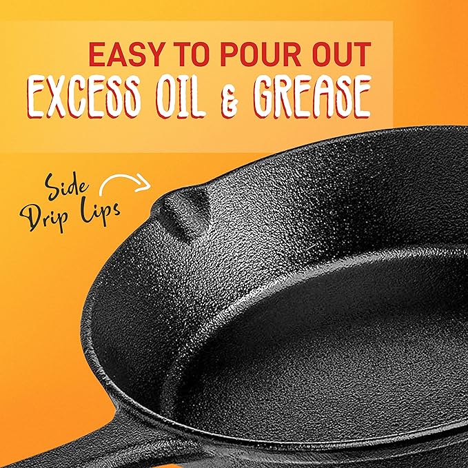 NutriChef 3pc Cast Iron Skillets - Pre-Seasoned Cast Iron Cookware with Drip Spout, Silicone Handles, For All Cooktops