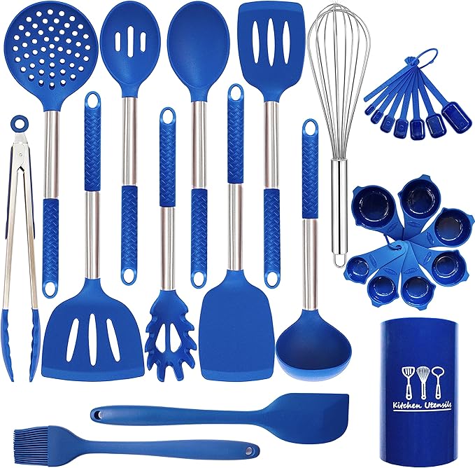 Silicone Kitchen Utensils Set - 28 Pieces Cooking Utensils Set Non-Stick Heat Resistance Silicon with Stainless Steel Handle - Blue