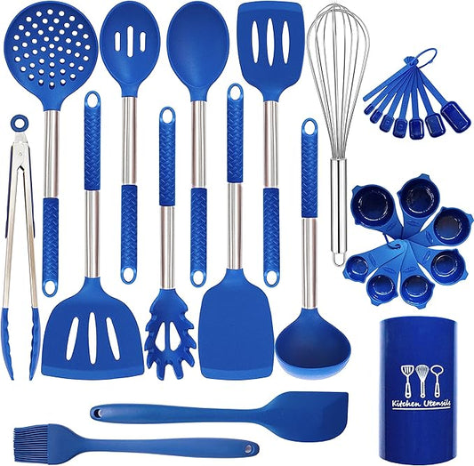 Silicone Kitchen Utensils Set - 28 Pieces Cooking Utensils Set Non-Stick Heat Resistance Silicon with Stainless Steel Handle - Blue