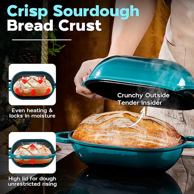 Onader Enameled Cast Iron Dutch Oven for Sourdough Bread Baking, 9x5-1/2 Inch Oval Cast Iron Bread Oven Pan with Lid, 2.8QT Meatloaf Pan, Heavy Duty - Dark Cyan