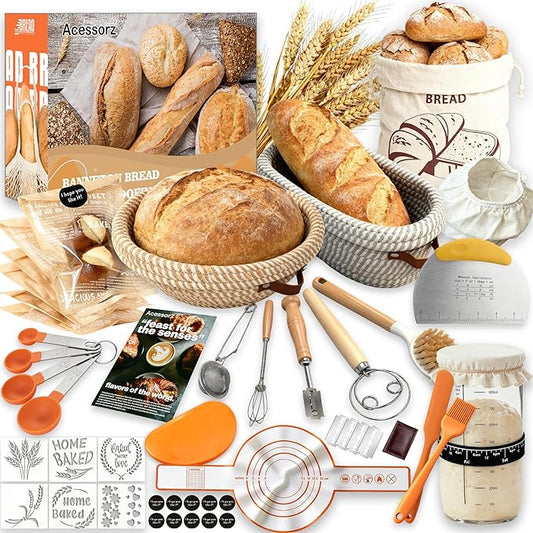 Sourdough Bread Baking Supplies,Sourdough Starter Kit,2 Cotton Rope Banneton Proofing Basket,Bread Proofing Basket Making Tool Kit,Sour Dough Kit Tools,Baking Gifts for Women,Bakers,Wife,Mom