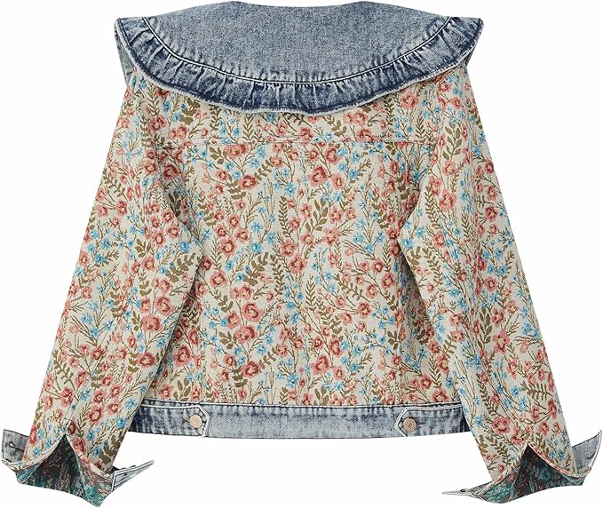 Xaspee Womens Peter Pan Collar Cropped Jean Jacket Embroidered Jacquard Long Sleeve Casual Floral Denim Jackets Coat