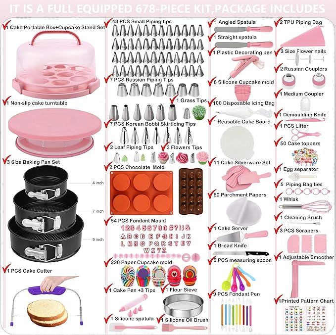 Gawren-H&E 678pcs Cake Decorating Kit,Cake Baking Suppplies with Decorating Tools,Cake Carrier,Springform Pans,Piping Bags and Tips Set,Turntable,Cake Decorating Supplies for Beginners/Professional
