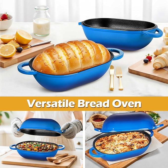 Homikit Enameled Cast Iron Dutch Oven for Bread Baking, 2.8 QT Oval Bread Oven Pot with Lid, 9.5 x 5.7 Inch Sourdough Loaf Baking Pan for Homemade Bread, Heavy Duty & Oven Safe, Blue