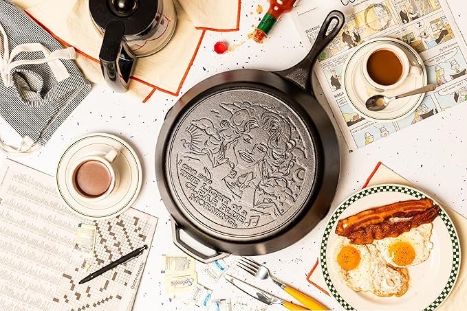 Lodge 13.25 Inch Dolly Parton Pre-Seasoned Cast Iron Stamped Skillet - Signature Teardrop Handle - Use in the Oven, on the Stove, on the Grill, or Over a Campfire - Clear Blue Morning