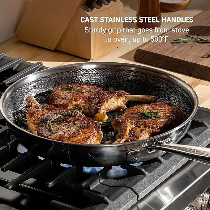 T-fal HybridMesh Tri-Ply Stainless Steel Fry Pan 10.25 Inch, Induction Oven Safe 500F, Metal Utensil Safe, Ideal For Searing, Cookware, Dishwasher Safe Pots and Pans, Needs Pre-Heating, Silver/Black