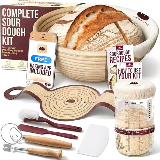Superbaking Sourdough Starter Kit, 9" Splinter-Free Banneton Bread Proofing Basket Set with Non-Stick Silicone Dough Sling & Glass Starter Jar Kit, Sourdough Bread Baking Supplies, Sourdough Tools