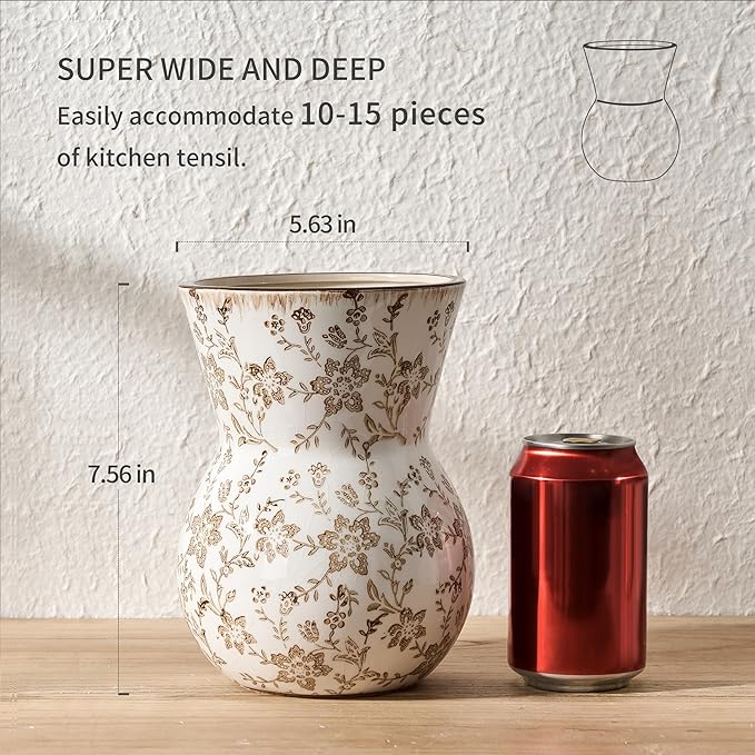 JIEMEI HOME Kitchen Utensil Holder, 7.56" Ceramic Large Rustic Utensil Crock for Countertop, Farmhouse Cooking Tool Organizer, Spatula Holder For Kitchen Decor, Brown Floral