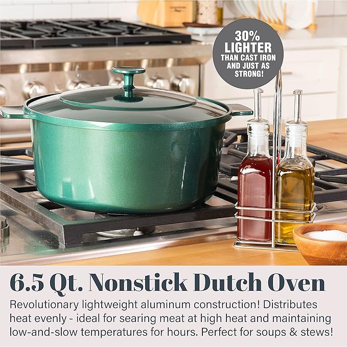 Granitestone Dutch Oven, 6.5 Quart Ultra Nonstick Enameled Lightweight Aluminum Dutch Oven Pot with Lid, Round 6.5 Qt. Stock Pot, Dishwasher & Oven Safe Induction Capable 100% PFOA Free, Emerald Green