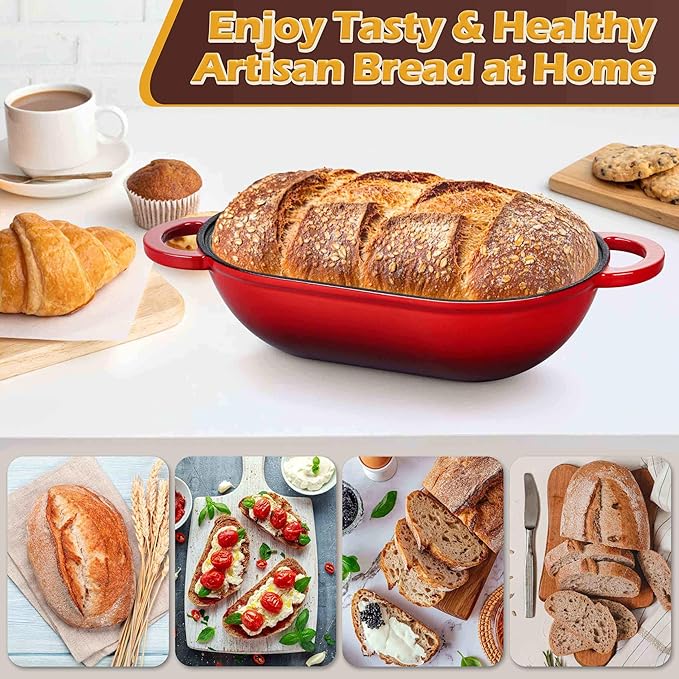 Homikit Enameled Cast Iron Dutch Oven for Bread Baking, 2.8 QT Oval Bread Oven Pot with Lid, 9.5 x 5.7 Inch Sourdough Loaf Baking Pan for Homemade Bread, Heavy Duty & Oven Safe, Red