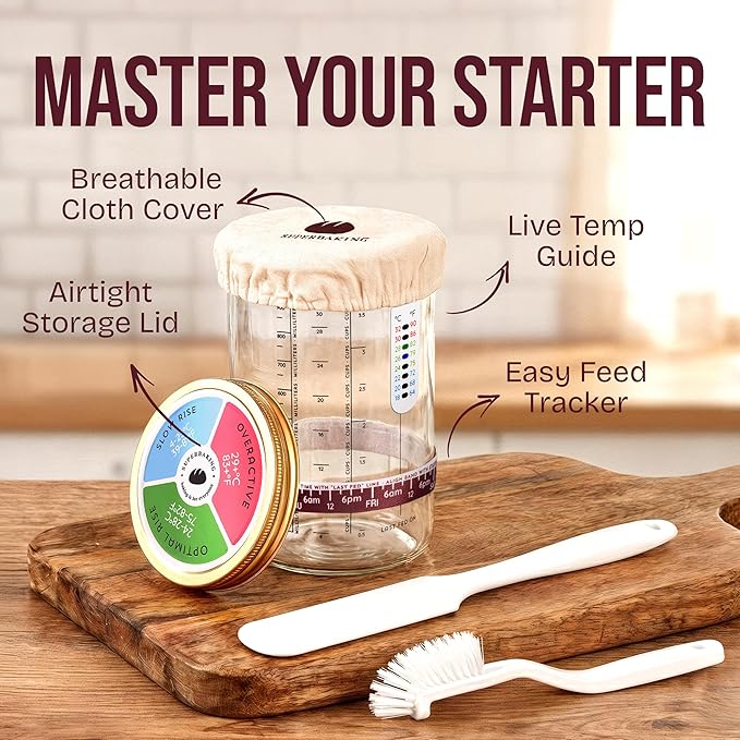 Superbaking Sourdough Starter Kit, 9" Splinter-Free Banneton Bread Proofing Basket Set with Non-Stick Silicone Dough Sling & Glass Starter Jar Kit, Sourdough Bread Baking Supplies, Sourdough Tools
