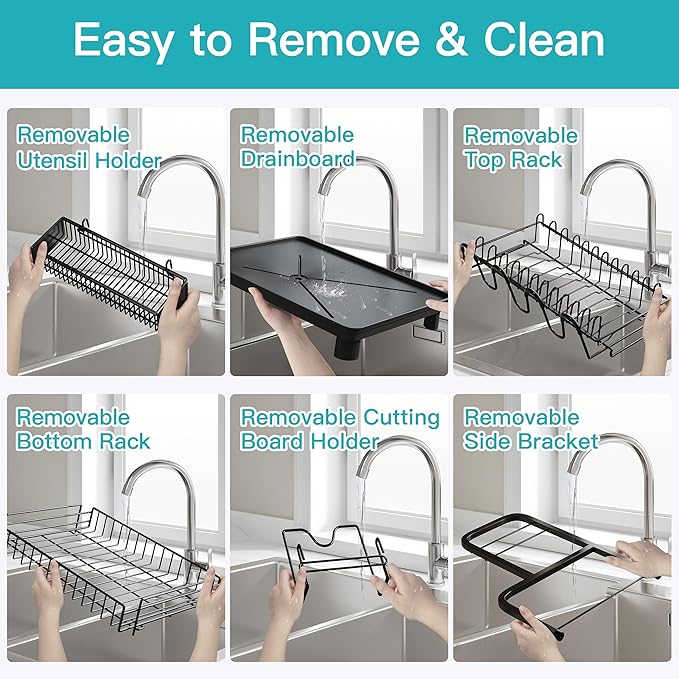romision Capacity Dish Drainers Drying Rack, Metal Stainless Steel Rust Proof Plate Strainers Holder with Drainboard Tray, Space Saving, On Counter 2 Tier, Black