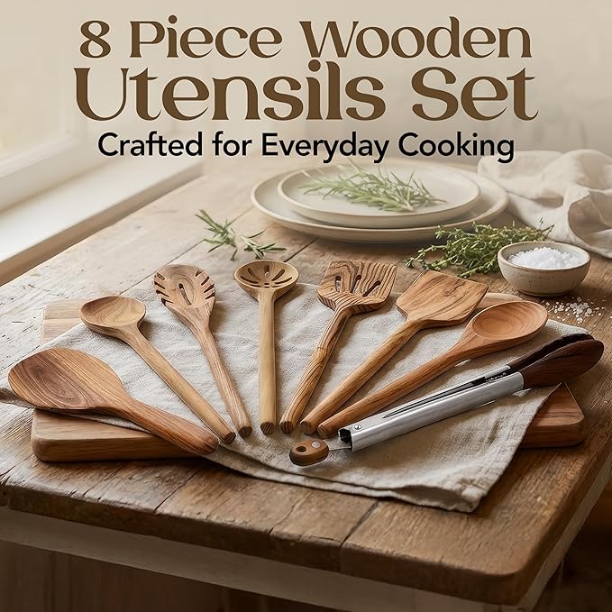 8 Piece Teak Wooden Cooking Spoons Set – Wooden Utensil Set with Spatula Scraper Pasta Spoon Rice Paddle Tongs for Everyday Cooking, Smooth Sanded Finish, Comfortable Grip Handles, Gentle on Cookware