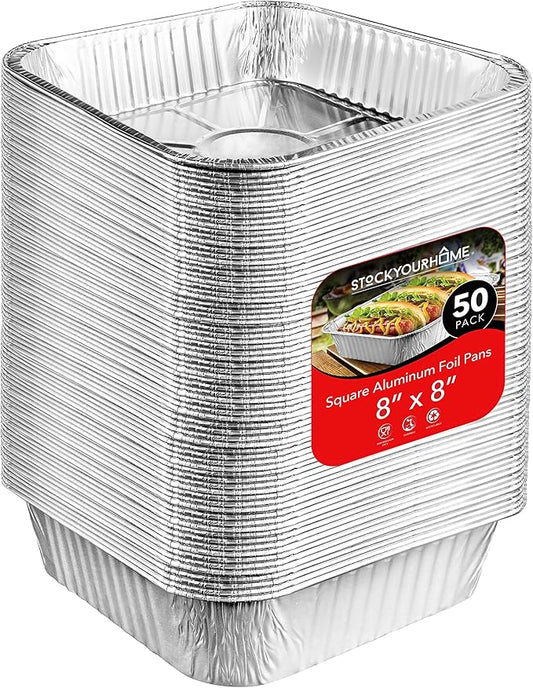 Stock Your Home 8x8 Foil Pans (50 Pack) 8 Inch Square Aluminum Pans - Foil Pans - Disposable Food Containers Great for Baking Cake, Cooking, Heating, Storing, Prepping Food