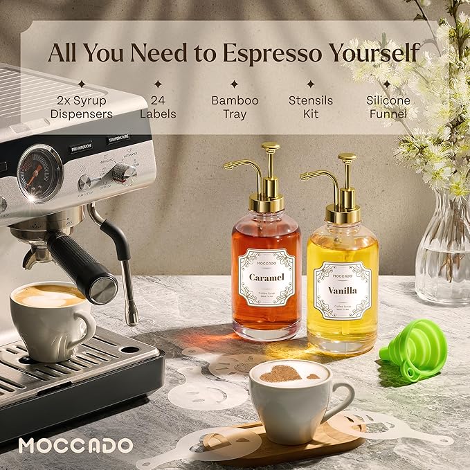 Glass Coffee Syrup Dispenser for Coffee Bar - Set of 2 Gold 500 ml / 16.9 oz Glass Syrup Bottles, Includes Bamboo Tray, 16 Stencils, Labels, Coffee Bar Accessories