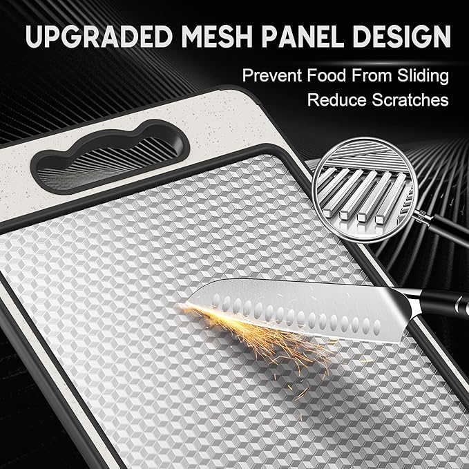 Double Sided 304 Stainless Steel & Wheat Straw Cutting Board, 14.4"*9.8" Non Toxic Lightweight Chopping Board, Separately Handle Meat and Vegetables, Dishwasher Safe, Scratch Resistant Mesh Design