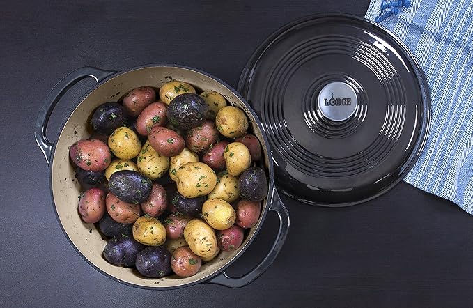 Lodge Essential Enamel Cast Iron Dutch Oven - Perfect for Bread Baking, Braising, Marinating & Slow Cooking - Features Moisture-Sealing Lid & Dual Handles - Kitchen Essentials - 6 Quarts - Midnight Chrome