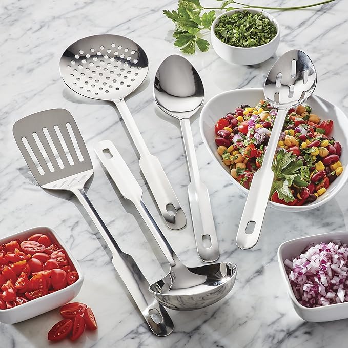 Amco 5 Piece Stainless Steel Cooking Utensil Set - Durable Kitchen Gadgets - Metal Kitchen Accessories - Easy to Clean Kitchen Tools
