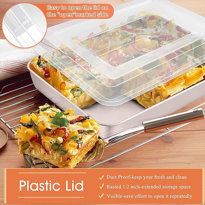 Herogo Cake Pan with Lid, 9 X 12 Inch Rectangle Stainless Steel Lasagna Baking Set of 1 Pan with 1 Lid Deep, for Brownies Casseroles Cakes, Dishwasher Safe