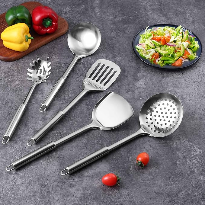 Stainless Steel Cooking Utensils Set, LIANYU 31-Piece Metal Kitchen Tools with Holder, Heat Resistant Kitchen Utensil for Cooking, Non-toxic Kitchenware Include Skimmer Turner Spatula, Dishwasher Safe