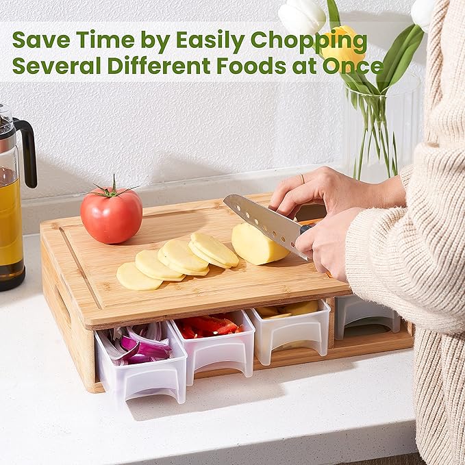 Bamboo Cutting Board with Containers, Lids, and Graters, Large Wood Cutting Board with Containers, Food Dropping Zone, Carving Board with Easy-grip Handle, Juice Groove