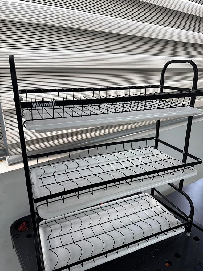 Dish Drying Rack - Warmfill 3 Tier Dish Rack Rustproof Stainless Steel Large Capacity with Utensil Holder, Cutting Board Holder and Dish Drain Rack for Kitchen Counter,Black