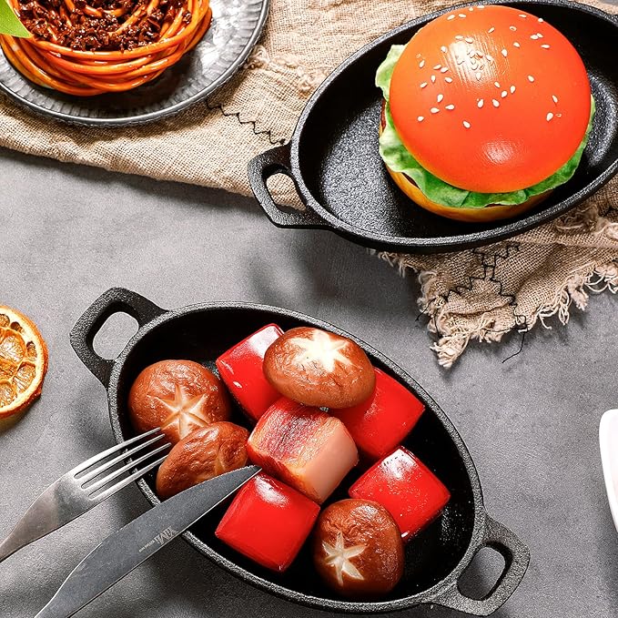 Mifoci 6 Pack Mini Cast Iron Fajita Skillet, 7.1" x 4.7" Oval Sizzling Steak Plate Pan Small Ramekin Set Black Casserole Dish for Stove Oven Grill Restaurant Kitchen Indoor Outdoor Picnic